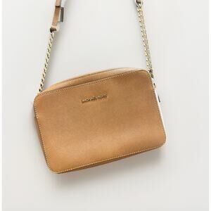 Michael Kors Jet Set Large Crossbody Bag Tan Saffiano Leather Gold Chain Purse